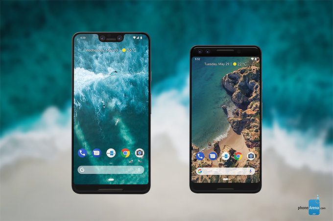 The new Google flagship smartphones, Pixel 3 XL (left) and Pixel 3 (right)