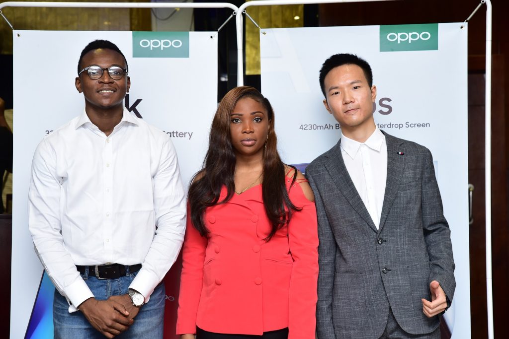 L-R Joseph Adeola, PR Manager OPPO Mobile Nigeria, Nengi Akinola, Marketing Manager, OPPO Mobile Nigeria and Kris Cao, Marketing Director OPPO Mobile Nigeria at the launch of the OPPO A1K and A5s smartphones in Lagos, today.