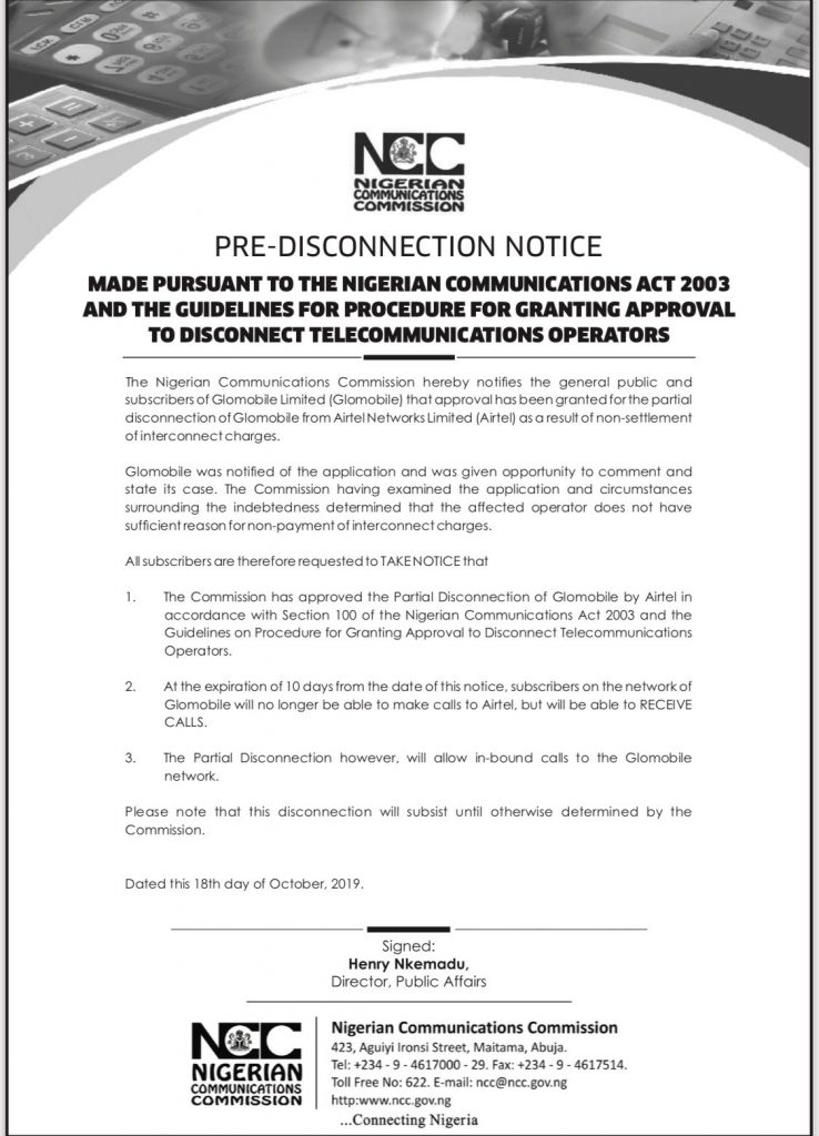 The Notice released by the Nigerian Communications Commission 