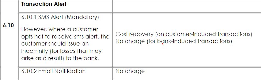 Screenshot of CBN guide to bank charges