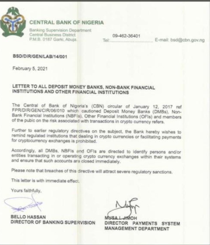 CBN Crypto ban circular, February 5, 2021