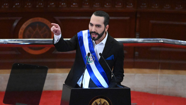 Salvadoran President Nayib Bukele delivers his annual address to the nation marking his second year in office at the Legislative Assembly in San Salvador on June 1, 2021. (Photo by MARVIN RECINOS / AFP) (Photo by MARVIN RECINOS/AFP via Getty Images)