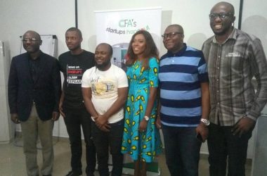 L-R: John Obaro, MD, SystemSpecs (Remita) and one of the speakers, Victor Tams, Founder/CEO of Wokkaholic.com, Gabriel Eze, Founder/UX Designer, Touchabl.com, both winners of the Pitch session, Jane Egerton-Idehen, Country Manager, Two Portharcourt-Based Startups Win at CFA's Startups Hangout Pitch Session