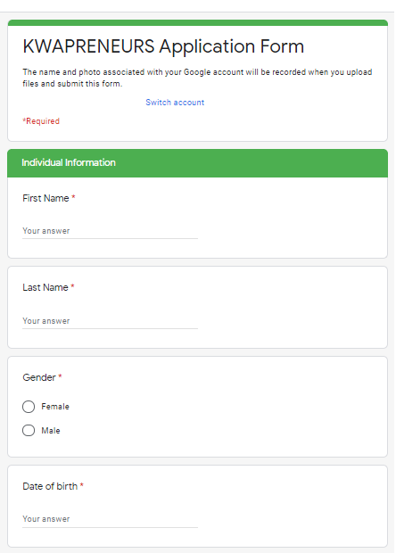 Screenshot of Kwapreneurs application form