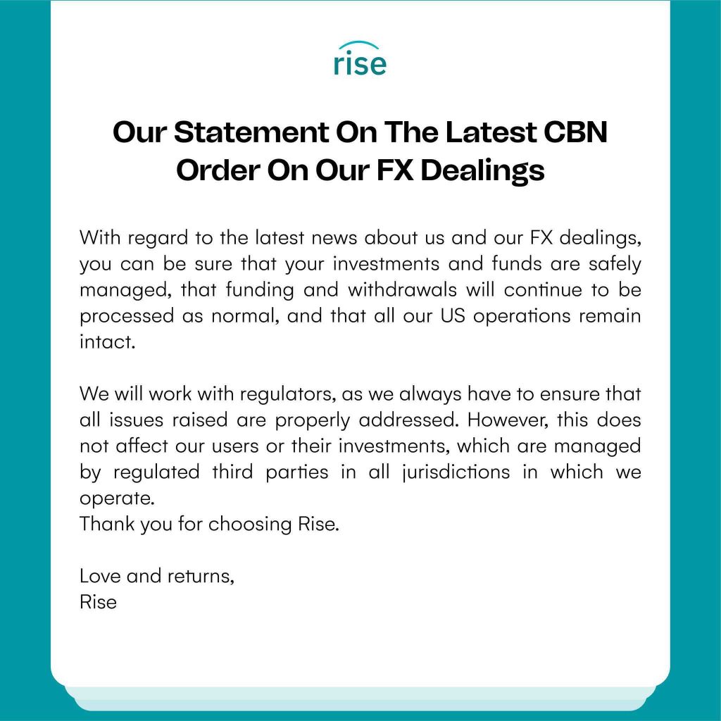 Risevest assures customers of funds safety despite CBN account freeze
