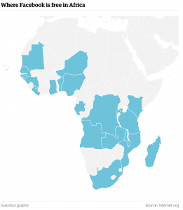 A map of countries covered by Facebook Basics in Africa