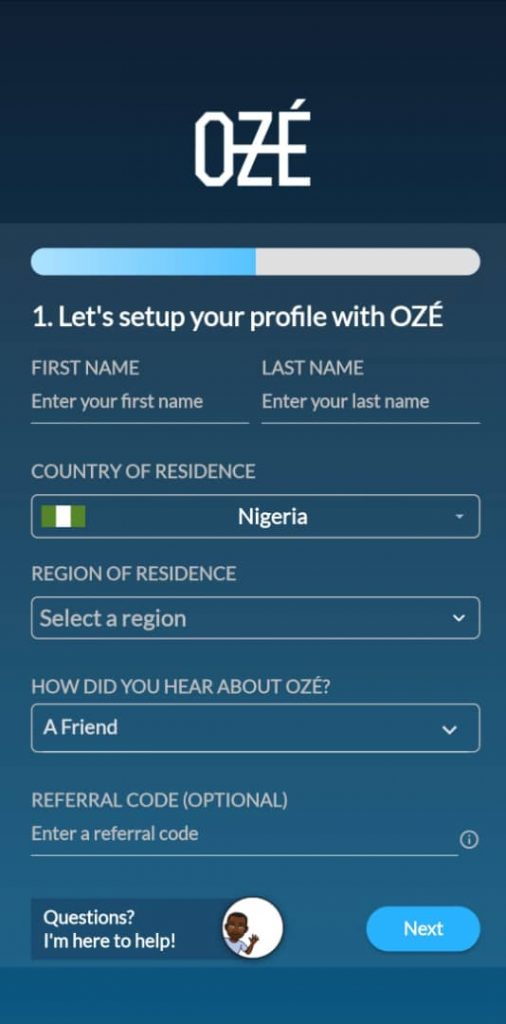 OZE app sign up page