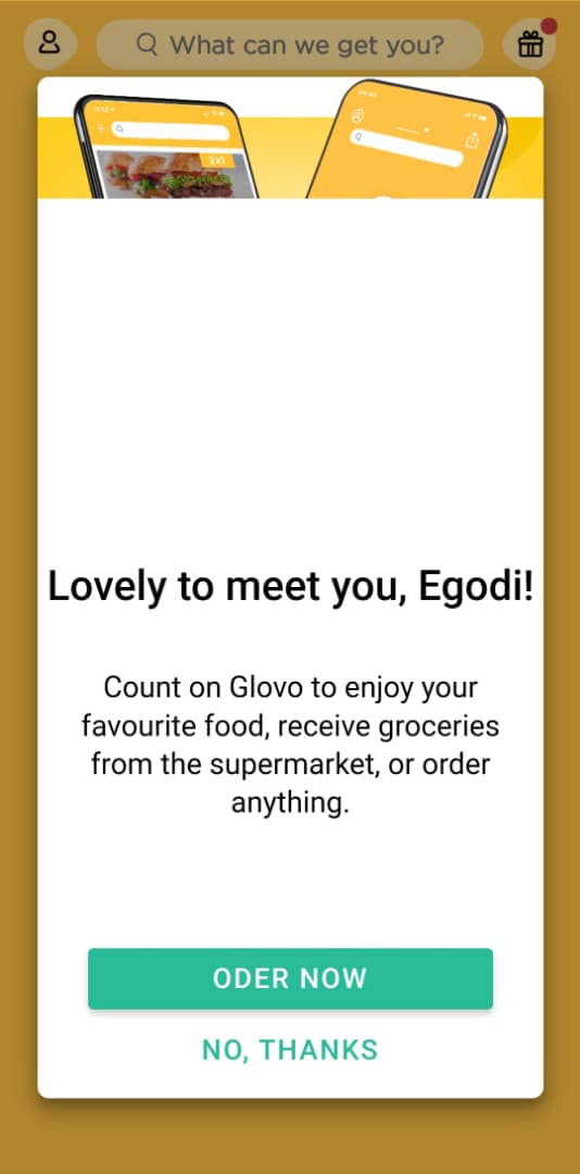 Glovo app welcome message