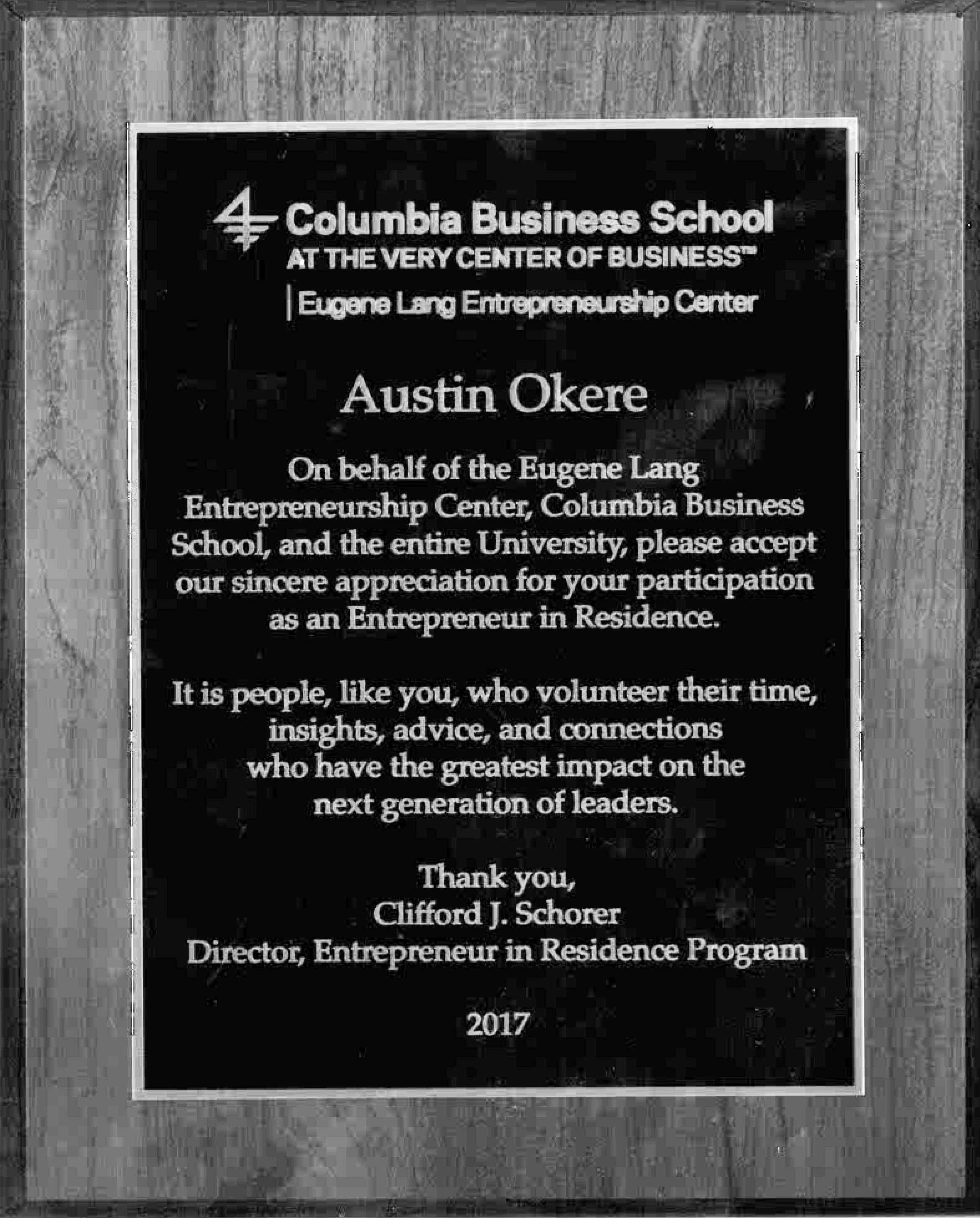 Columbia Business School Plaque