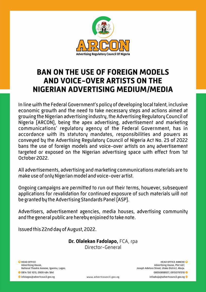 ARCON issue ban on foreign models and voice-over artists