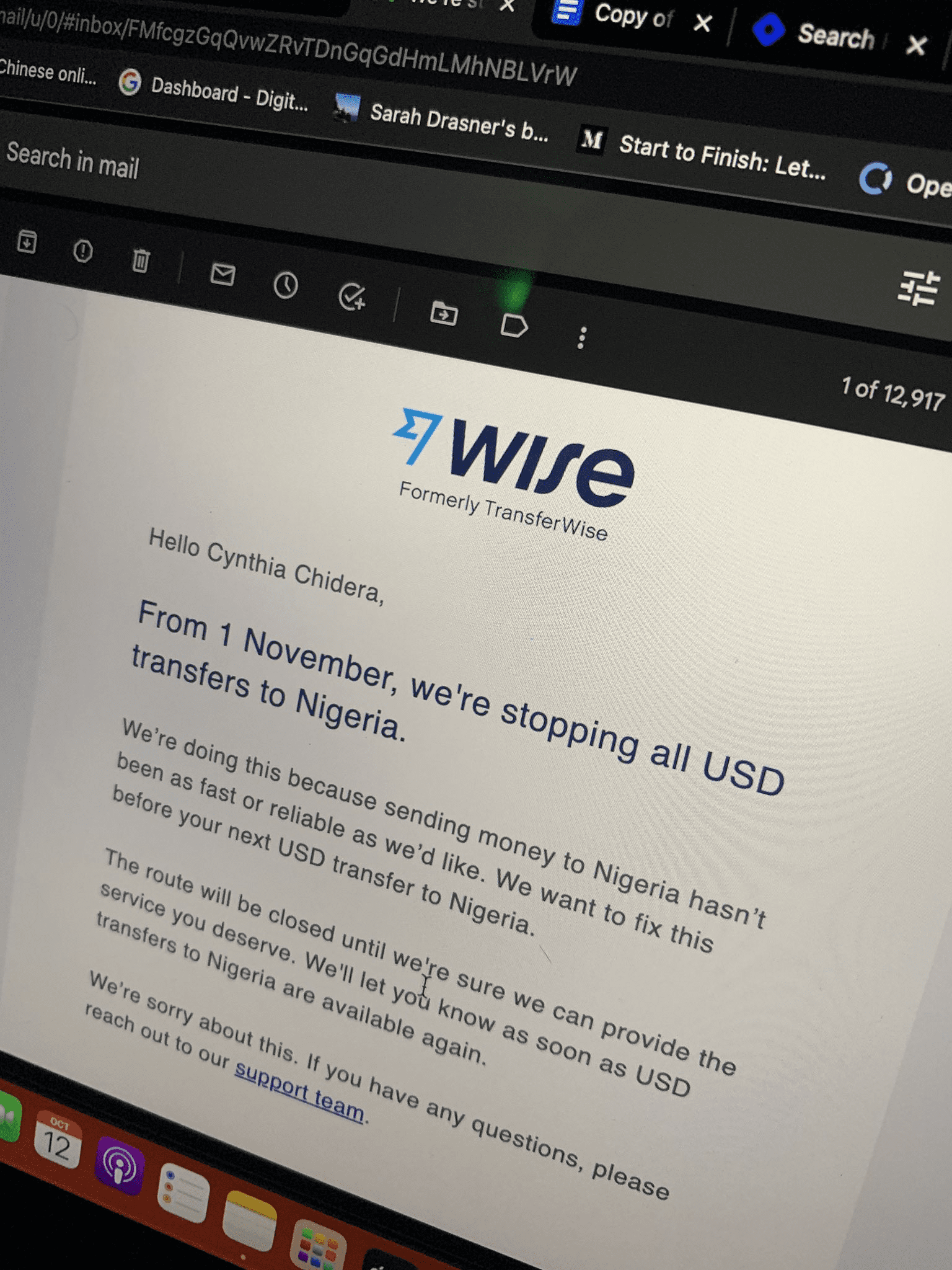 Wise (TransferWise) to suspend USD transactions to Nigeria from November 1st until further notice- Phot Credit: Twitter User