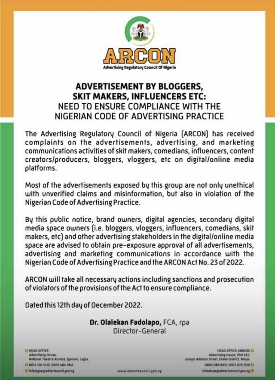 Nigerians react to ARCON ordering skit makers, influencers, bloggers, to seek approval for all adverts